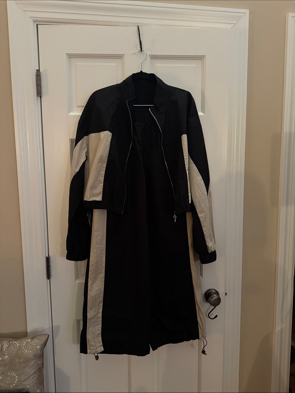 Athletic Set - Black Bomber Jacket with Cream Panels/ wide leg pants.